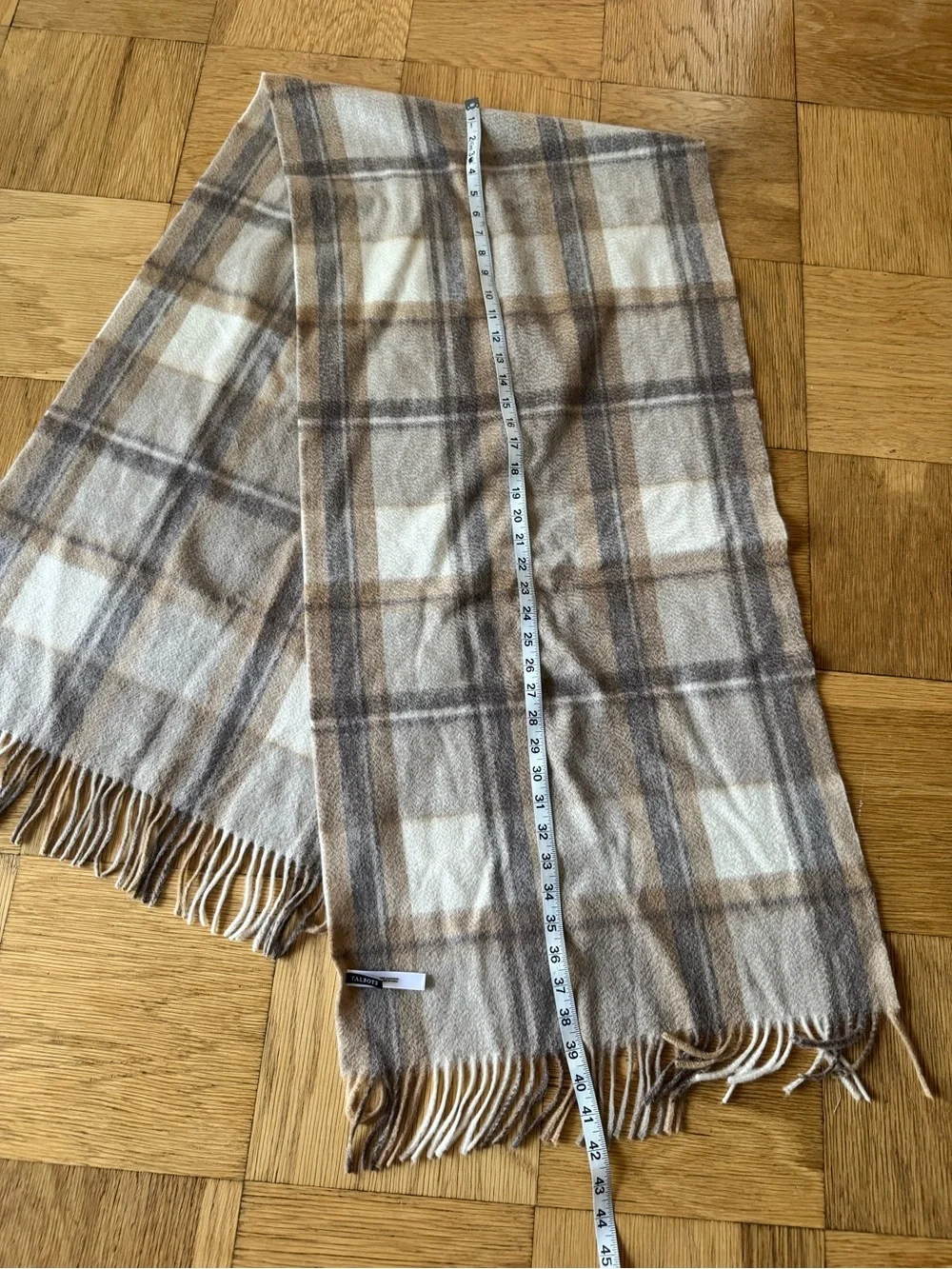 Talbots Cashmere Scarf Wide Fringe Wrap Plaid Cream Brown Tan Neutral